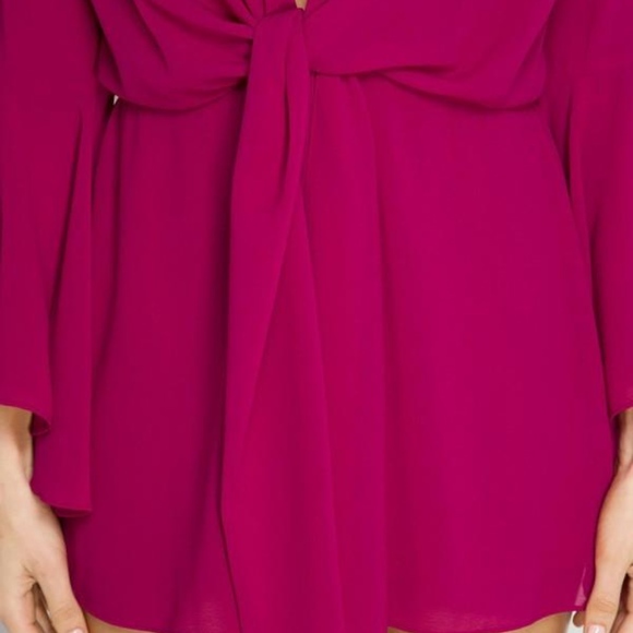 Hot Pink Flare Sleeve Deep V Romper - Picture 2 of 5